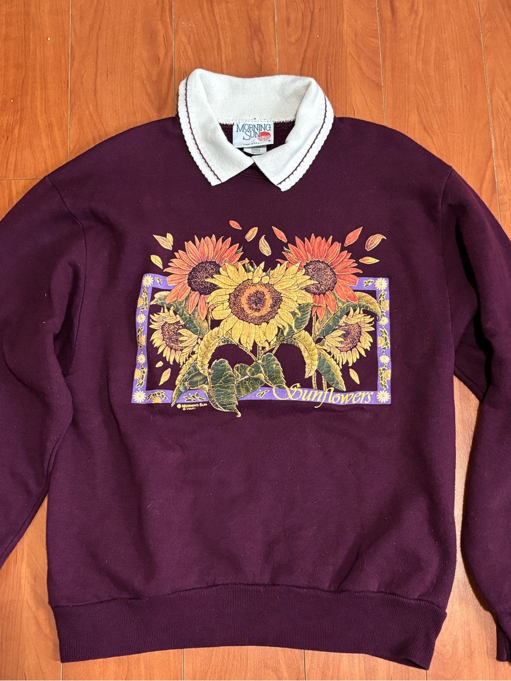 Ladies Vintage Maroon Morning Sun Sunflower Graphic Sweater